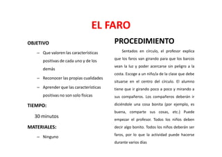 EL FARO
OBJETIVO                                PROCEDIMIENTO
   – Que valoren las características        Sentados en círculo, el profesor explica
                                        que los faros van girando para que los barcos
      positivas de cada uno y de los
                                        vean la luz y poder acercarse sin peligro a la
      demás
                                        costa. Escoge a un niño/a de la clase que debe
   – Reconocer las propias cualidades
                                        situarse en el centro del círculo. El alumno
   – Aprender que las características   tiene que ir girando poco a poco y mirando a
      positivas no son solo físicas     sus compañeros. Los compañeros deberán ir

TIEMPO:                                 diciéndole una cosa bonita (por ejemplo, es
                                        buena, comparte sus cosas, etc.) Puede
  30 minutos
                                        empezar el profesor. Todos los niños deben
MATERIALES:                             decir algo bonito. Todos los niños deberán ser
                                        faros, por lo que la actividad puede hacerse
   – Ninguno
                                        durante varios días
 