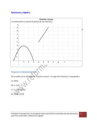 Prohibida la reproducción y la divulgación total o parcial de los contenidos de este documento
para fines comerciales. | Relaciones y álgebra
11
Relaciones y álgebra
Función a trozos
A continuación se muestra la gráfica de una función 𝑓.
Pregunta 11 (Selección única)
De acuerdo con la información “Función a trozos”, el rango de la función 𝑓 corresponde a
A) 0,9
B) −1,6
C) −1,3 ∪ 4,6
D) 0,4 ∪ 5,9
𝑥
𝑦
 