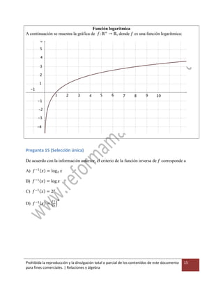 Prohibida la reproducción y la divulgación total o parcial de los contenidos de este documento
para fines comerciales. | Relaciones y álgebra
15
Función logarítmica
A continuación se muestra la gráfica de 𝑓: ℝ+
→ ℝ, donde 𝑓 es una función logarítmica:
Pregunta 15 (Selección única)
De acuerdo con la información anterior, el criterio de la función inversa de 𝑓 corresponde a
A) 𝑓−1
𝑥 = log2 𝑥
B) 𝑓−1
𝑥 = log 𝑥
C) 𝑓−1
𝑥 = 2 𝑥
D) 𝑓−1
𝑥 =
1
2
𝑥
 