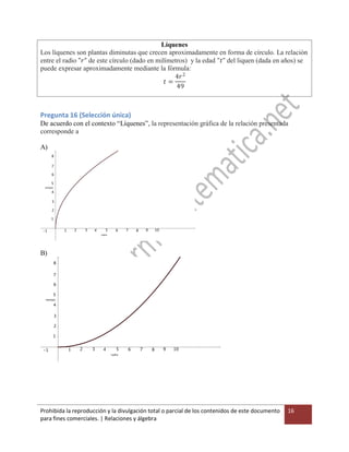 Prohibida la reproducción y la divulgación total o parcial de los contenidos de este documento
para fines comerciales. | Relaciones y álgebra
16
Líquenes
Los líquenes son plantas diminutas que crecen aproximadamente en forma de círculo. La relación
entre el radio "𝑟" de este círculo (dado en milímetros) y la edad "𝑡" del liquen (dada en años) se
puede expresar aproximadamente mediante la fórmula:
𝑡 =
4𝑟2
49
Pregunta 16 (Selección única)
De acuerdo con el contexto “Líquenes”, la representación gráfica de la relación presentada
corresponde a
A)
B)
 