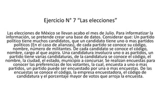Ejercicio N° 7 “Las elecciones”
Las elecciones de México se llevan acabo el mes de Julio. Para informatizar la
información, se pretende crear una base de datos. Considerar que: Un partido
político tiene muchos candidatos, que un candidato tiene uno o mas partidos
políticos (En el caso de alianzas), de cada partido se conoce su código,
nombre, número de militantes. De cada candidato se conoce el código,
nombre, cargo al que aspira. Una candidatura involucra uno o as partidos, un
partido tiene varias candidaturas, de la candidatura se conoce el código, el
nombre, la ciudad, el estado, municipio a concursar. Se realizan encuestas para
conocer las preferencias de los votantes, la cual, encuesta a uno o mas
partidos, un partido puede ser encuestado por una o mas encuestas. De las
encuestas se conoce el código, la empresa encuestadora, el código de
candidatura y el porcentaje mayor de votos que arroja la encuesta.
 