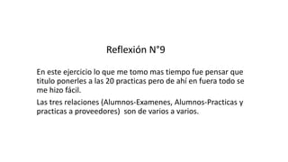 Reflexión N°9
En este ejercicio lo que me tomo mas tiempo fue pensar que
titulo ponerles a las 20 practicas pero de ahí en fuera todo se
me hizo fácil.
Las tres relaciones (Alumnos-Examenes, Alumnos-Practicas y
practicas a proveedores) son de varios a varios.
 