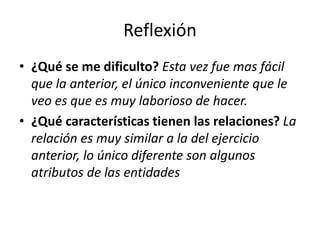 Reflexión
• ¿Qué se me dificulto? Esta vez fue mas fácil
que la anterior, el único inconveniente que le
veo es que es muy laborioso de hacer.
• ¿Qué características tienen las relaciones? La
relación es muy similar a la del ejercicio
anterior, lo único diferente son algunos
atributos de las entidades
 