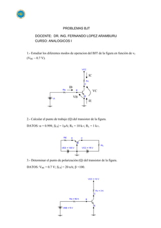 PROBLEMAS BJT
DOCENTE: DR. ING. FERNANDO LOPEZ ARAMBURU
CURSO: ANALOGICOS I
1.- Estudiar los diferentes modos de operacion del BJT de la figura en función de vI
(VBE ~ 0.7 V).
VC
2.- Calcular el punto de trabajo (Q) del transistor de la figura.
DATOS:  = 0.998; |IC0| = 1A; RE = 10 k; RL = 1 k.
3.- Determinar el punto de polarización (Q) del transistor de la figura.
DATOS: VBE = 0.7 V; |IC0| = 20 nA;  =100.
IC
IB
VB
IE
 