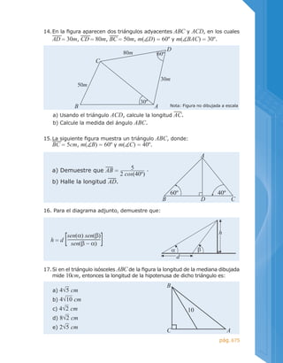 675pág.
15.	La siguiente figura muestra un triángulo ABC, donde:
	 BC = 5cm, m( B) = 60º y m( C) = 40º.
17.	Si en el triángulo isósceles ABC de la figura la longitud de la mediana dibujada
mide 10cm, entonces la longitud de la hipotenusa de dicho triángulo es:
14.	En la figura aparecen dos triángulos adyacentes ABC y ACD, en los cuales
AD = 30m, CD = 80m, BC = 50m, m( D) = 60º y m( BAC) = 30º.
a) Usando el triángulo ACD, calcule la longitud AC.
b) Calcule la medida del ángulo ABC.
Nota: Figura no dibujada a escala
C
B
D
A
30º
60º
50m
80m
30m
a) Demuestre que AB =
5
2 cos(40º)
.
b) Halle la longitud AD.
60º 40º
A
D CB
a) 4√5 cm
b) 4√10 cm
c) 4√2 cm
d) 8√2 cm
e) 2√5 cm
10
C A
B
16. Para el diagrama adjunto, demuestre que:
h = d [sen(α) sen(β)
sen(β - α) ]
h
d
α β
 
