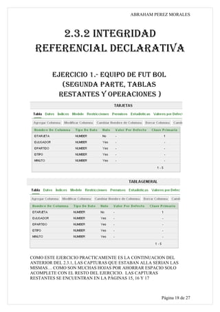 ABRAHAM PEREZ MORALES



      2.3.2 INTEGRIDAD
  REFERENCIAL DECLARATIVA

        EJERCICIO 1.- EQUIPO DE FUT BOL
           (SEGUNDA PARTE, TABLAS
          RESTANTES Y OPERACIONES )




COMO ESTE EJERCICIO PRACTICAMENTE ES LA CONTINUACION DEL
ANTERIOR DEL 2.3.1, LAS CAPTURAS QUE ESTABAN ALLA SERIAN LAS
MISMAS… COMO SON MUCHAS HOJAS POR AHORRAR ESPACIO SOLO
ACOMPLETE CON EL RESTO DEL EJERCICIO. LAS CAPTURAS
RESTANTES SE ENCUENTRAN EN LA PÁGINAS 15, 16 Y 17



                                                     Página 18 de 27
 