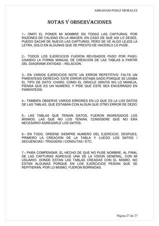 ABRAHAM PEREZ MORALES


             NOTAS Y OBSERVACIONES

1.- OMITI EL PONER MI NOMBRE EN TODAS LAS CAPTURAS, POR
RAZONES DE CALIDAD EN LA IMAGEN, EN CASO DE QUE ASI LO DESEE,
PUEDO SACAR DE NUEVO LAS CAPTURAS, PERO SE VE ALGO LEJOS LA
LETRA, SOLO EN ALGUNAS QUE SE PRESTO DE HACERLO LO PUSE.


2.- TODOS LOS EJERCICIOS FUERON REVISADOS PASO POR PASO,
USANDO LA FORMA MANUAL DE CREACION DE LAS TABLAS A PARTIR
DEL DIAGRAMA ENTIDAD – RELACION.


3.- EN VARIOS EJERCICIOS NOTE UN ERROR REPETITIVO: FALTA UN
PARENTESIS DERECHO. ESTE ERROR ESTABA DADO PORQUE SE USABA
EL TIPO DE DATO: CHAR2, COMO EL ORACLE GRATIS NO LO MANEJA,
PIENSA QUE ES UN NUMERO, Y PIDE QUE ESTE SEA ENCERRADO EN
PARENTESIS.


4.- TAMBIEN OBSERVE VARIOS ERRORES EN LO QUE ES LA LOS DATOS
DE LAS TABLAS, QUE ESTABAN CON ALGUN QUE OTRO ERROR DE DEDO


5.- LAS TABLAS QUE TENIAN DATOS, FUERON INGRESADOS LOS
MISMOS. LAS QUE NO LOS TENIAN, CONSIDERE QUE NO ERA
NECESARIO AGREGARLE LOS DATOS.


6.- EN TODO, ORDENE SIEMPRE NUMERO DEL EJERCICIO, DESPUES,
PRIMERO LA CREACION DE LA TABLA Y LUEGO LOS DATOS /
SECUENCIAS / TRIGGERS / CONSUTAS / ETC.


7.- PARA COMPENSAR, EL HECHO DE QUE NO PUSE NOMBRE, AL FINAL
DE LAS CAPTURAS AGREGUE UNA DE LA VISION GENERAL, CON MI
USUARIO, DONDE ESTAN LAS TABLAS CREADAS CON EL MISMO. NO
ESTAN ALGUNAS PORQUE EN LOS EJERCICIOS PEDIAN QUE SE
REPITIERAN, POR LO MISMO, FUERON BORRADAS.




                                                  Página 27 de 27
 