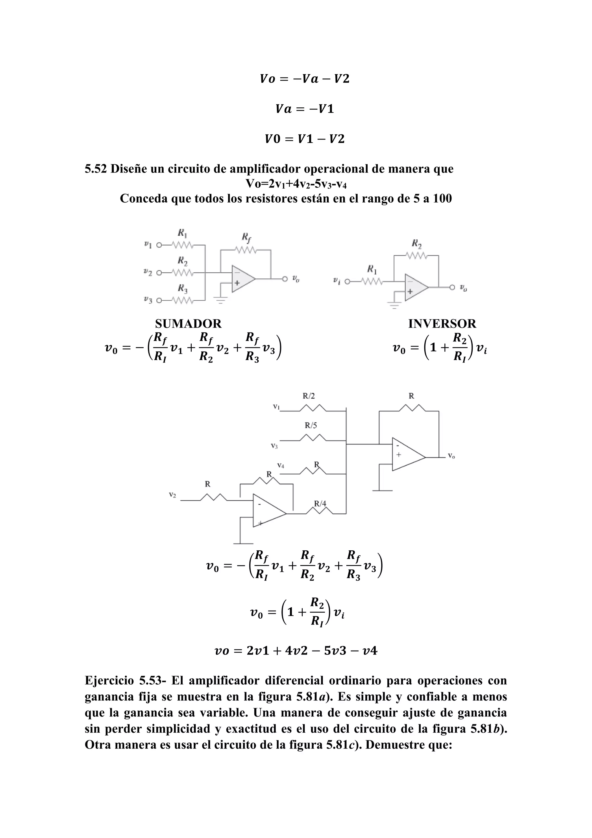 𝑽𝒐 = −𝑽𝒂 − 𝑽𝟐
𝑽𝒂 = −𝑽𝟏
𝑽𝟎 = 𝑽𝟏 − 𝑽𝟐
5.52 Diseñe un circuito de amplificador operacional de manera que
Vo=2v1+4v2-5v3-v4
Conceda que todos los resistores están en el rango de 5 a 100
SUMADOR INVERSOR
𝒗 𝟎 = − (
𝑹 𝒇
𝑹𝑰
𝒗 𝟏 +
𝑹 𝒇
𝑹 𝟐
𝒗 𝟐 +
𝑹 𝒇
𝑹 𝟑
𝒗 𝟑) 𝒗 𝟎 = (𝟏 +
𝑹 𝟐
𝑹𝑰
) 𝒗𝒊
𝒗 𝟎 = − (
𝑹 𝒇
𝑹𝑰
𝒗 𝟏 +
𝑹 𝒇
𝑹 𝟐
𝒗 𝟐 +
𝑹 𝒇
𝑹 𝟑
𝒗 𝟑)
𝒗 𝟎 = (𝟏 +
𝑹 𝟐
𝑹 𝑰
) 𝒗𝒊
𝒗𝒐 = 𝟐𝒗𝟏 + 𝟒𝒗𝟐 − 𝟓𝒗𝟑 − 𝒗𝟒
Ejercicio 5.53- El amplificador diferencial ordinario para operaciones con
ganancia fija se muestra en la figura 5.81a). Es simple y confiable a menos
que la ganancia sea variable. Una manera de conseguir ajuste de ganancia
sin perder simplicidad y exactitud es el uso del circuito de la figura 5.81b).
Otra manera es usar el circuito de la figura 5.81c). Demuestre que:
 