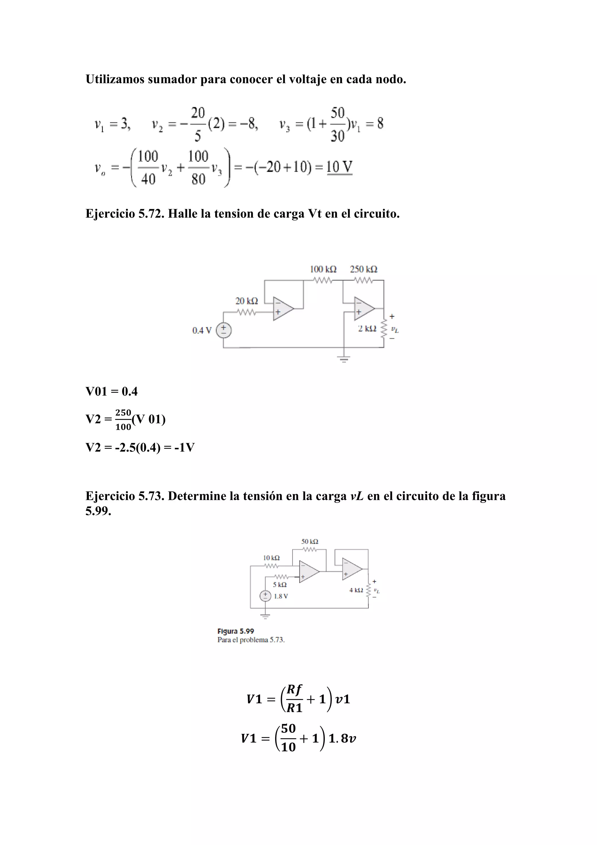 Utilizamos sumador para conocer el voltaje en cada nodo.
Ejercicio 5.72. Halle la tension de carga Vt en el circuito.
V01 = 0.4
V2 =
𝟐𝟓𝟎
𝟏𝟎𝟎
(V 01)
V2 = -2.5(0.4) = -1V
Ejercicio 5.73. Determine la tensión en la carga vL en el circuito de la figura
5.99.
𝑽𝟏 = (
𝑹𝒇
𝑹𝟏
+ 𝟏) 𝒗𝟏
𝑽𝟏 = (
𝟓𝟎
𝟏𝟎
+ 𝟏) 𝟏. 𝟖𝒗
 
