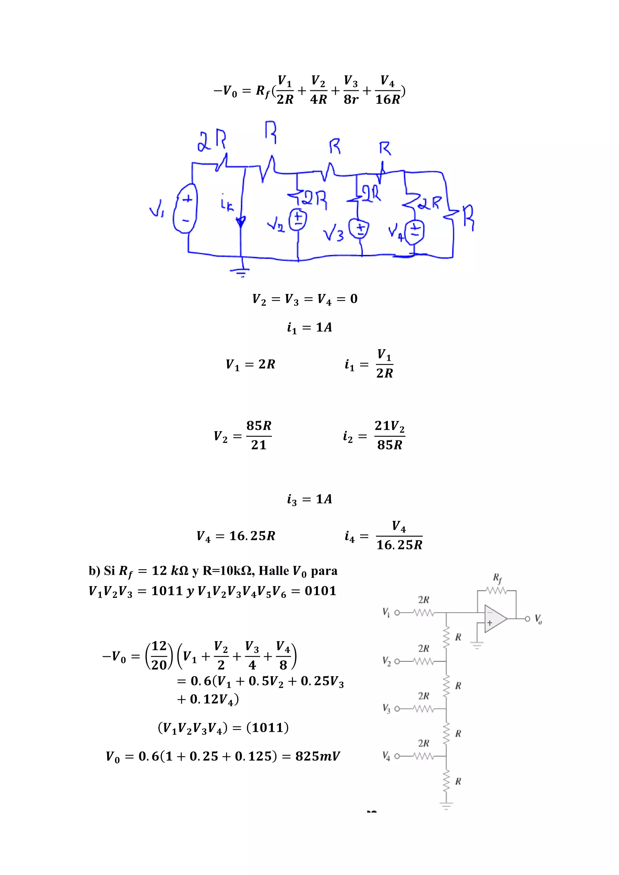 −𝑽 𝟎 = 𝑹 𝒇(
𝑽 𝟏
𝟐𝑹
+
𝑽 𝟐
𝟒𝑹
+
𝑽 𝟑
𝟖𝒓
+
𝑽 𝟒
𝟏𝟔𝑹
)
𝑽 𝟐 = 𝑽 𝟑 = 𝑽 𝟒 = 𝟎
𝒊 𝟏 = 𝟏𝑨
𝑽 𝟏 = 𝟐𝑹 𝒊 𝟏 =
𝑽 𝟏
𝟐𝑹
𝑽 𝟐 =
𝟖𝟓𝑹
𝟐𝟏
𝒊 𝟐 =
𝟐𝟏𝑽 𝟐
𝟖𝟓𝑹
𝒊 𝟑 = 𝟏𝑨
𝑽 𝟒 = 𝟏𝟔. 𝟐𝟓𝑹 𝒊 𝟒 =
𝑽 𝟒
𝟏𝟔. 𝟐𝟓𝑹
b) Si 𝑹 𝒇 = 𝟏𝟐 𝒌𝛀 y R=10kΩ, Halle 𝑽 𝟎 para
𝑽 𝟏 𝑽 𝟐 𝑽 𝟑 = 𝟏𝟎𝟏𝟏 𝒚 𝑽 𝟏 𝑽 𝟐 𝑽 𝟑 𝑽 𝟒 𝑽 𝟓 𝑽 𝟔 = 𝟎𝟏𝟎𝟏
−𝑽 𝟎 = (
𝟏𝟐
𝟐𝟎
) (𝑽 𝟏 +
𝑽 𝟐
𝟐
+
𝑽 𝟑
𝟒
+
𝑽 𝟒
𝟖
)
= 𝟎. 𝟔( 𝑽 𝟏 + 𝟎. 𝟓𝑽 𝟐 + 𝟎. 𝟐𝟓𝑽 𝟑
+ 𝟎. 𝟏𝟐𝑽 𝟒)
( 𝑽 𝟏 𝑽 𝟐 𝑽 𝟑 𝑽 𝟒) = ( 𝟏𝟎𝟏𝟏)
𝑽 𝟎 = 𝟎. 𝟔( 𝟏 + 𝟎. 𝟐𝟓 + 𝟎. 𝟏𝟐𝟓) = 𝟖𝟐𝟓𝒎𝑽
 