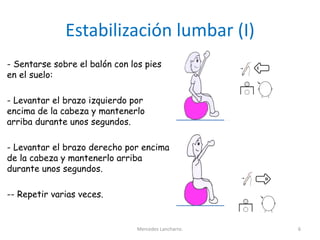 Estabilización lumbar (I)
- Sentarse sobre el balón con los pies
en el suelo:
- Levantar el brazo izquierdo por
encima de la cabeza y mantenerlo
arriba durante unos segundos.
- Levantar el brazo derecho por encima
de la cabeza y mantenerlo arriba
durante unos segundos.
-- Repetir varias veces.
Mercedes Lancharro. 6
 