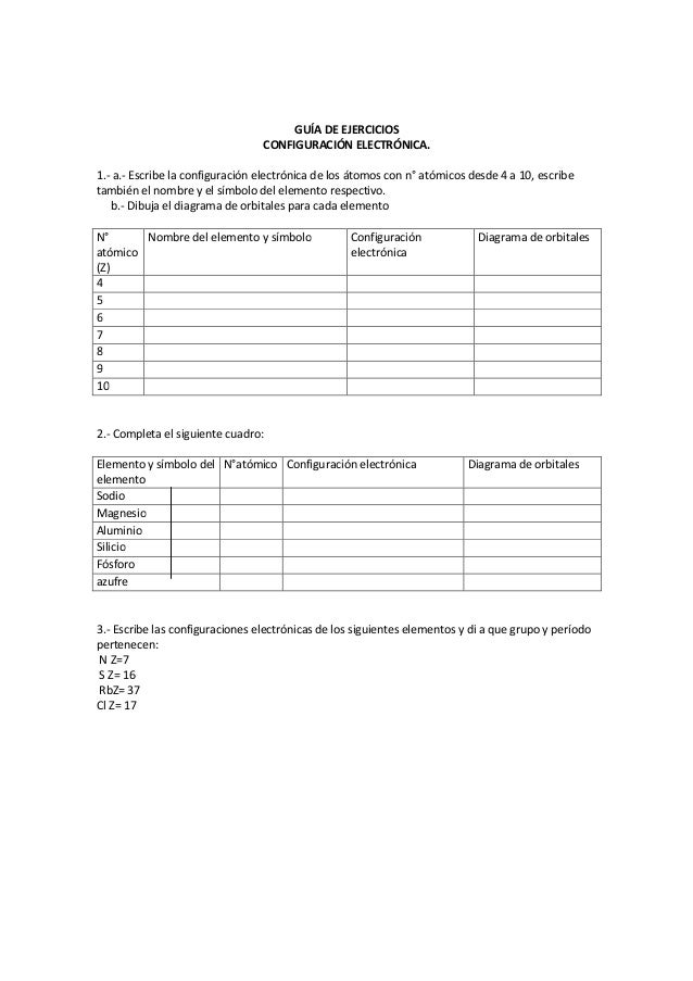 gua de ejercicios configuracin electrnica 1 a escribe la configuracin electrnica