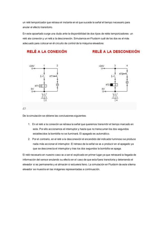 un relé temporizador que retrasa el instante en el que sucede la señal el tiempo necesario para
anular el efecto transitorio.
En este apoartado surge una duda ante la disponibilidad de dos tipos de relés temporizadores: un
relé ala conexión y un relé a la desconexión. Simulamos en Fluidsim cuál de los dos es el más
adecuado para colocar en él circuito de control de la máquina elevadora:
De la simulación se obtiene las conclusiones siguientes:
1. En el relé a la conexión se retrasa la señal que queremos transmitir el tiempo marcado en
este. Por ello accionamos el interruptor y hasta que no transcurran los dos segundos
establecidos la bombilla no se iluminará. El apagado es automático.
2. Por el contrario, en el relé a la desconexión el encendido del indicador luminoso se produce
nada más accionar el interruptor. El retraso de la señal se va a producir en el apagado ya
que se desconecta el interruptor y tras los dos segundos la bombilla se apaga.
El relé necesario en nuestro caso va a ser el explicado en primer lugar ya que retrasará la llegada de
información del sensor anulando su efecto en el caso de que esta fuera transitoria y deteniendo el
elevador si es permanente y el almacén si estuviera lleno. La simulación en Fluidsim de este sitema
elevador se muestra en las imágenes representadas a continuación.
 