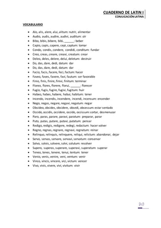 CUADERNO DE LATIN I
CONJUGACIÓNLATINA
VOCABULARIO
 Alo, alis, alere, alui, alitum: nutrir, alimentar
 Audio, audis, audire, audivi, auditum: oír
 Bibo, bibis, bibere, bibi, ______: beber
 Capio, capis, capere, cepi, captum: tomar
 Condo, condis, condere, condidi, conditum: fundar
 Creo, creas, creare, creavi, creatum: crear
 Deleo, deles, delere, delui, deletum: destruir
 Do, das, dare, dedi, datum: dar
 Do, das, dare, dedi, datum: dar
 Facio, facis, facere, feci, factum: hacer
 Faveo, faves, favere, favi, fautum: ser favorable
 Finio, finis, finire, finivi, finitum: terminar
 Floreo, flores, florere, florui, ______: florecer
 Fugio, fugis, fugire, fugivi, fugitum: huir
 Habeo, habes, habere, habui, habitum: tener
 Incendo, incendis, incendere, incendi, incensum: encender
 Nego, negas, negare, negavi, negatum: negar
 Obsideo, obsides, obsidere, obsedi, obsessum: estar sentado
 Occido, occidis, occidere, occido, occissum: cortar, desmenuzar
 Paro, paras, parare, paravi, paratum: preparar, parar
 Puto, putas, putare, putavi, putatum: pensar
 Redigo, redigis, redigere, redegi, redactum: hacer volver
 Regno, regnas, regnare, regnavi, regnatum: reinar
 Relinquo, relinquis, relinquere, reliqui, relictum: abandonar, dejar
 Servo, servas, servare, servavi, servatum: conservar
 Solvo, solvis, solvere, solvi, solutum: resolver
 Supero, superas, superare, superavi, superatum: superar
 Teneo, tenes, tenere, tenui, tentum: tener
 Venio, venis, venire, veni, ventum: venir
 Vinco, vincis, vincere, vici, victum: vencer
 Vivo, vivis, vivere, vivi, vivitum: vivir
 