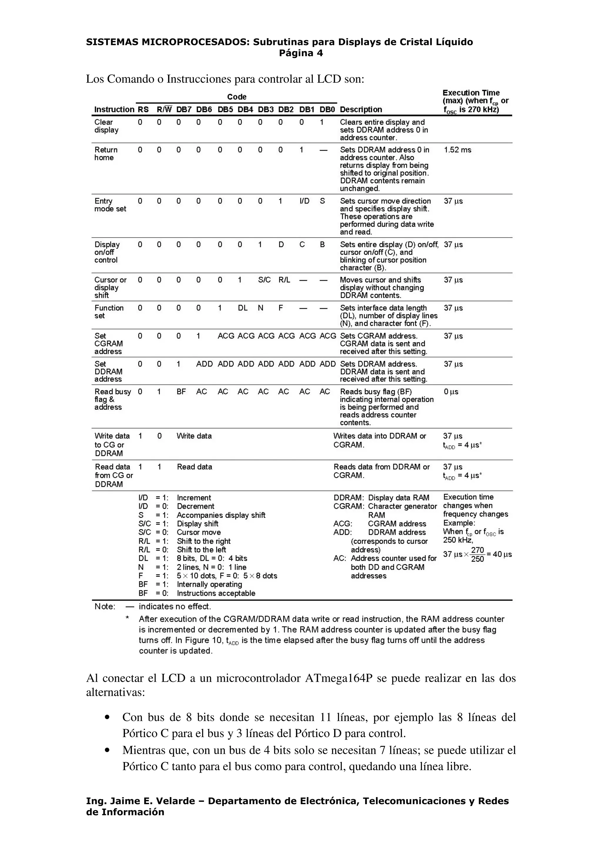 SISTEMAS MICROPROCESADOS: Subrutinas para Displays de Cristal Líquido
Página 4
Ing. Jaime E. Velarde – Departamento de Electrónica, Telecomunicaciones y Redes
de Información
Los Comando o Instrucciones para controlar al LCD son:
Al conectar el LCD a un microcontrolador ATmega164P se puede realizar en las dos
alternativas:
• Con bus de 8 bits donde se necesitan 11 líneas, por ejemplo las 8 líneas del
Pórtico C para el bus y 3 líneas del Pórtico D para control.
• Mientras que, con un bus de 4 bits solo se necesitan 7 líneas; se puede utilizar el
Pórtico C tanto para el bus como para control, quedando una línea libre.
 