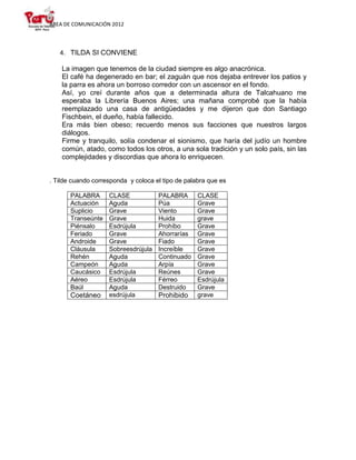 ÁREA DE COMUNICACIÓN 2012



   4. TILDA SI CONVIENE

    La imagen que tenemos de la ciudad siempre es algo anacrónica.
    El café ha degenerado en bar; el zaguán que nos dejaba entrever los patios y
    la parra es ahora un borroso corredor con un ascensor en el fondo.
    Así, yo creí durante años que a determinada altura de Talcahuano me
    esperaba la Librería Buenos Aires; una mañana comprobé que la había
    reemplazado una casa de antigüedades y me dijeron que don Santiago
    Fischbein, el dueño, había fallecido.
    Era más bien obeso; recuerdo menos sus facciones que nuestros largos
    diálogos.
    Firme y tranquilo, solía condenar el sionismo, que haría del judío un hombre
    común, atado, como todos los otros, a una sola tradición y un solo país, sin las
    complejidades y discordias que ahora lo enriquecen.


. Tilde cuando corresponda y coloca el tipo de palabra que es

       PALABRA      CLASE            PALABRA       CLASE
       Actuación    Aguda            Púa           Grave
       Suplicio     Grave            Viento        Grave
       Transeúnte   Grave            Huida         grave
       Piénsalo     Esdrújula        Prohíbo       Grave
       Feriado      Grave            Ahorrarías    Grave
       Androide     Grave            Fiado         Grave
       Cláusula     Sobreesdrújula   Increíble     Grave
       Rehén        Aguda            Continuado    Grave
       Campeón      Aguda            Arpía         Grave
       Caucásico    Esdrújula        Reúnes        Grave
       Aéreo        Esdrújula        Férreo        Esdrújula
       Baúl         Aguda            Destruido     Grave
       Coetáneo     esdrújula        Prohibido     grave
 