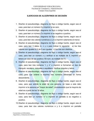 UNIVERSIDAD VERACRUZANA 
Facultad de Contaduría y Administración 
Campus Ixtaczoquitlán 
Licenciatura en Informática 
Algoritmos y Estructura de Datos I 
1 
EJERCICIOS DE ALGORITMOS DE DECISIÓN 
1. Diseñar el pseudocódigo, diagrama de flujo o código fuente, según sea el 
caso, para leer un número X e imprimir si es cero. 
2. Diseñar el pseudocódigo, diagrama de flujo o código fuente, según sea el 
caso, para leer un número Z e imprimir si es negativo o positivo. 
3. Diseñar el pseudocódigo, diagrama de flujo o código fuente, según sea el 
caso, para leer dos valores numéricos a y b e imprimir solamente el menor. 
4. Diseñar el pseudocódigo, diagrama de flujo o código fuente, según sea el 
caso, para leer 3 datos m, n y o para indicar lo siguiente: a) los tres 
valores son iguales b) 2 de 3 son iguales c) los tres son distintos 
5. Diseñar el pseudocódigo, diagrama de flujo o código fuente, según sea el 
caso, para leer un número x y verificar si es múltiplo de 5, imprimir un 
letrero en caso de ser positivo (“El núm. es múltiplo de 5”). 
6. Diseñar el pseudocódigo, diagrama de flujo o código fuente, según sea el 
caso, para leer tres números “i, j, k” e imprimir si formarían un tipo de 
triangulo: escaleno, isósceles o equilátero. Verificar ángulos y lados. 
7. Diseñar el pseudocódigo, diagrama de flujo o código fuente, según sea el 
caso, para que ordene e imprima tres números diferentes en forma 
descendente. 
8. Diseñar el pseudocódigo, diagrama de flujo o código fuente, según sea el 
caso, para que solicite la edad de una persona, en base a este dato 
imprimir si la persona es "mayor de edad"; considerando que la mayoría de 
edad es a partir de los 18 años. 
9. Diseñar el pseudocódigo, diagrama de flujo o código fuente, según sea el 
caso, para leer un número “z” e imprimir en pantalla si es negativo o 
positivo. 
10. Diseñar el pseudocódigo, diagrama de flujo o código fuente, según sea el 
caso, para leer dos valores numéricos a y b e imprimir en pantalla 
 