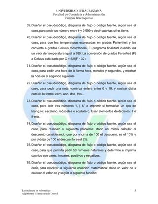 UNIVERSIDAD VERACRUZANA 
Facultad de Contaduría y Administración 
Campus Ixtaczoquitlán 
69. Diseñar el pseudocódigo, diagrama de flujo o código fuente, según sea el 
Licenciatura en Informática 
Algoritmos y Estructura de Datos I 
13 
caso, para pedir un número entre 0 y 9,999 y decir cuantas cifras tiene. 
70. Diseñar el pseudocódigo, diagrama de flujo o código fuente, según sea el 
caso, para que lea temperaturas expresadas en grados Fahrenheit y las 
convierta a grados Celsius mostrándola. El programa finalizará cuando lea 
un valor de temperatura igual a 999. La conversión de grados Farenheit (F) 
a Celsius está dada por C = 5/9(F − 32). 
71. Diseñar el pseudocódigo, diagrama de flujo o código fuente, según sea el 
caso, para pedir una hora de la forma hora, minutos y segundos, y mostrar 
la hora en el segundo siguiente. 
72. Diseñar el pseudocódigo, diagrama de flujo o código fuente, según sea el 
caso, para pedir una nota numérica entera entre 0 y 10, y mostrar dicha 
nota de la forma: cero, uno, dos, tres... 
73. Diseñar el pseudocódigo, diagrama de flujo o código fuente, según sea el 
caso, para leer tres números “i, j, k” e imprimir si formarían un tipo de 
triangulo: escaleno, isósceles o equilátero. Usar elementos de decisión: if ó 
if-else. 
74. Diseñar el pseudocódigo, diagrama de flujo o código fuente, según sea el 
caso, para resolver el siguiente problema: dado un monto calcular el 
descuento considerando que por encima de 100 el descuento es el 10% y 
por debajo de 100 el descuento es el 2%. 
75. Diseñar el pseudocódigo, diagrama de flujo o código fuente, según sea el 
caso, para que permita pedir 50 números naturales y determine e imprima 
cuantos son pares, impares, positivos y negativos. 
76. Diseñar el pseudocódigo, diagrama de flujo o código fuente, según sea el 
caso, para resolver la siguiente ecuación matemática: dado un valor de x 
calcular el valor de y según la siguiente función: 
 