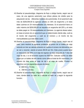UNIVERSIDAD VERACRUZANA 
Facultad de Contaduría y Administración 
Campus Ixtaczoquitlán 
43. Diseñar el pseudocódigo, diagrama de flujo o código fuente, según sea el 
caso, de una agencia automotriz que ofrece planes de crédito para la 
adquisición de los diferentes modelos de automóviles. Si el automóvil vale 
más de $250,000.00 la agencia solicita un 35% de enganche y el resto 
debe cubrirse en 24 mensualidades sin intereses. Si el automóvil tiene un 
valor máximo de $250,000.00 se requiere un enganche del 25% y el resto 
se debe pagar en 18 mensualidades sin intereses. La agencia desea saber, 
en base al precio de un automóvil que un determinado cliente elija, cuál es 
el monto del enganche; y cuál es el número y el monto de las 
mensualidades que éste debe cubrir. 
44. Diseñar el pseudocódigo, diagrama de flujo o código fuente, según sea el 
caso, para resolver el siguiente problema: el precio de un boleto de viaje 
redondo en tren se calcula tomando en cuenta el número de kilómetros que 
se van a recorrer, siendo el precio $6.00 por Km. Este precio puede tener 
un descuento del 30% si el viaje de regreso se hace después de 7 días del 
viaje de ida, o si el recorrido supera los 800 Km. Calcular cuánto se debe 
pagar por un boleto de tren dando como datos el total de Km recorridos y el 
número de días entre el viaje de ida y el viaje de vuelta. Pruebe su 
algoritmo con los siguientes grupos de datos: 
Licenciatura en Informática 
Algoritmos y Estructura de Datos I 
8 
a. 850 Km y 10 días. 
b. 356 Km y 8 días. 
45. Diseñar el pseudocódigo, diagrama de flujo o código fuente, según sea el 
caso, donde dado un valor de x calcular el valor de y según la siguiente 
función: 
 