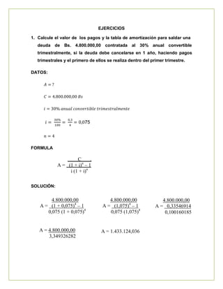 A = 1.433.124,036
EJERCICIOS
1. Calcule el valor de los pagos y la tabla de amortización para saldar una
deuda de Bs. 4.800.000,00 contratada al 30% anual convertible
trimestralmente, si la deuda debe cancelarse en 1 año, haciendo pagos
trimestrales y el primero de ellos se realiza dentro del primer trimestre.
DATOS:
75
FORMULA
SOLUCIÓN:
C .
A = (1 + i)n
– 1
i (1 + i)n
4.800.000,00
A = (1 + 0,075)4
– 1
0,075 (1 + 0,075)4
4.800.000,00
A = (1,075)4
– 1
0,075 (1,075)4
4.800.000,00
A = 0,33546914
0,100160185
A = 4.800.000,00
3,349326282
 
