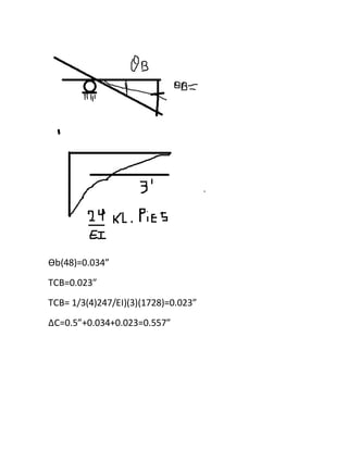 Өb(48)=0.034”
TCB=0.023”
TCB= 1/3(4)247/EI)(3)(1728)=0.023”
∆C=0.5”+0.034+0.023=0.557”
 