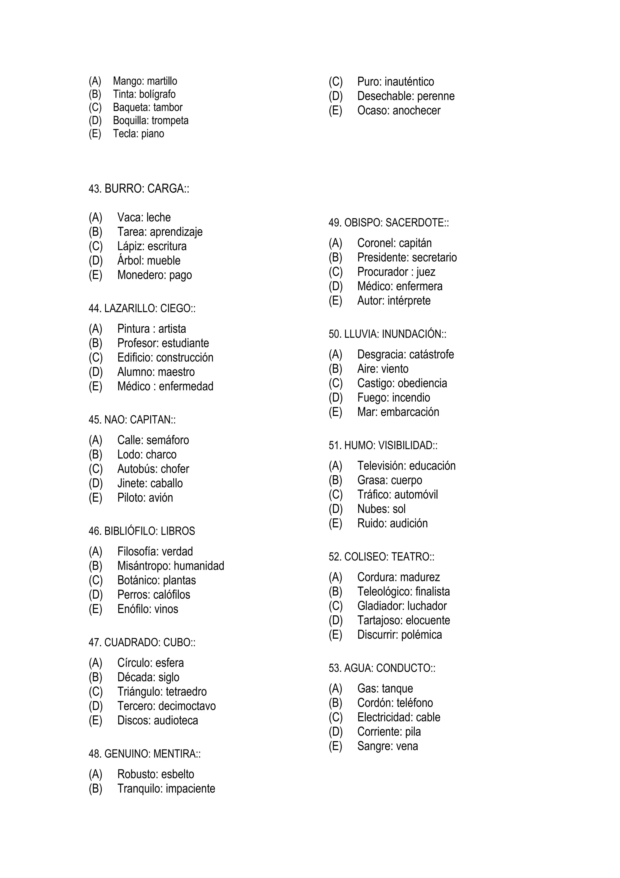 (A)   Mango: martillo           (C)   Puro: inauténtico
(B)   Tinta: bolígrafo          (D)   Desechable: perenne
(C)   Baqueta: tambor           (E)   Ocaso: anochecer
(D)   Boquilla: trompeta
(E)   Tecla: piano



43. BURRO: CARGA::

(A)    Vaca: leche              49. OBISPO: SACERDOTE::
(B)    Tarea: aprendizaje
(C)    Lápiz: escritura         (A)   Coronel: capitán
(D)    Árbol: mueble            (B)   Presidente: secretario
(E)    Monedero: pago           (C)   Procurador : juez
                                (D)   Médico: enfermera
                                (E)   Autor: intérprete
44. LAZARILLO: CIEGO::
(A)    Pintura : artista        50. LLUVIA: INUNDACIÓN::
(B)    Profesor: estudiante
(C)    Edificio: construcción   (A)   Desgracia: catástrofe
(D)    Alumno: maestro          (B)   Aire: viento
(E)    Médico : enfermedad      (C)   Castigo: obediencia
                                (D)   Fuego: incendio
                                (E)   Mar: embarcación
45. NAO: CAPITAN::
(A)    Calle: semáforo          51. HUMO: VISIBILIDAD::
(B)    Lodo: charco
(C)    Autobús: chofer          (A)   Televisión: educación
(D)    Jinete: caballo          (B)   Grasa: cuerpo
(E)    Piloto: avión            (C)   Tráfico: automóvil
                                (D)   Nubes: sol
                                (E)   Ruido: audición
46. BIBLIÓFILO: LIBROS
(A)    Filosofía: verdad        52. COLISEO: TEATRO::
(B)    Misántropo: humanidad
(C)    Botánico: plantas        (A)   Cordura: madurez
(D)    Perros: calófilos        (B)   Teleológico: finalista
(E)    Enófilo: vinos           (C)   Gladiador: luchador
                                (D)   Tartajoso: elocuente
                                (E)   Discurrir: polémica
47. CUADRADO: CUBO::
(A)    Círculo: esfera          53. AGUA: CONDUCTO::
(B)    Década: siglo
(C)    Triángulo: tetraedro     (A)   Gas: tanque
(D)    Tercero: decimoctavo     (B)   Cordón: teléfono
(E)    Discos: audioteca        (C)   Electricidad: cable
                                (D)   Corriente: pila
                                (E)   Sangre: vena
48. GENUINO: MENTIRA::
(A)    Robusto: esbelto
(B)    Tranquilo: impaciente
 