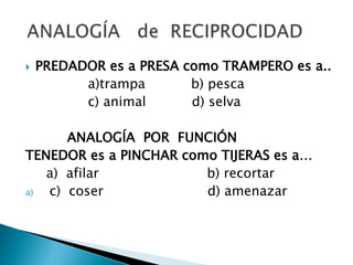  PREDADOR es a PRESA como TRAMPERO es a..
a)trampa b) pesca
c) animal d) selva
ANALOGÍA POR FUNCIÓN
TENEDOR es a PINCHAR como TIJERAS es a…
a) afilar b) recortar
a) c) coser d) amenazar
 