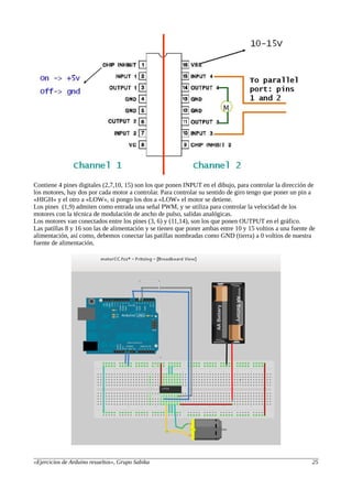 Contiene 4 pines digitales (2,7,10, 15) son los que ponen INPUT en el dibujo, para controlar la dirección de
los motores, hay dos por cada motor a controlar. Para controlar su sentido de giro tengo que poner un pin a
«HIGH» y el otro a «LOW», si pongo los dos a «LOW» el motor se detiene.
Los pines (1,9) admiten como entrada una señal PWM, y se utiliza para controlar la velocidad de los
motores con la técnica de modulación de ancho de pulso, salidas analógicas.
Los motores van conectados entre los pines (3, 6) y (11,14), son los que ponen OUTPUT en el gráfico.
Las patillas 8 y 16 son las de alimentación y se tienen que poner ambas entre 10 y 15 voltios a una fuente de
alimentación, así como, debemos conectar las patillas nombradas como GND (tierra) a 0 voltios de nuestra
fuente de alimentación.
«Ejercicios de Arduino resueltos», Grupo Sabika 25
 