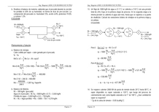Ing. Magíster JOSE LUIS RODRIGUEZ NUÑEZ
Página 17
b. Realizar el balance de materia, sabiendo que el pescado durante la cocción
ha perdido el 20% de su humedad, en forma de licor de pre-cocción. La
composición del pescado es: Humedad 73%, aceite 6.8%, proteínas 19.0%
y cenizas 1.2%.
ESQUEMA
Planteamiento y Solución
a. Balance de energía
Calor cedido por vapor = calor ganado por el pescado.
qv = qp
MvCe ∆T +
2
1
Mv λv = M1 cep∆T
Mv×0.48
CKg
kcal
°
× (104–100)+ 2
1
Mv 536.8
CKg
kcal
°
= 5000
h
kg
×
CKg
kcal
°
(100-20)
Mv×1.92 + 2
1
Mv×536.8
CKg
kcal
°
= 400,000
Mv (1.92 + 268.4) = 400,000
Mv =
4.268
000,4000
= 1,007 kg. Vapor/hr
b. Balance de Materia
M1 = 500 kg/hr. (pescado)
Agua en el pescado = M1 Hp = 5000 kg/hr x 0.73 = 3,650 kg/hr
Pérdida de agua = 3,650 kg/hr x 0.2 = 730 kg/hr.
M1 = M2 + Agua perdida "M2 = 5000 – 730 = 4,270 kg/hr.
M1=5000kg/h
T1=20°C
M2=?
T2=100°C
Tvs=100°C
Vapor
TvE= 104°C
1
E
2
S
S
Licor de pre-coción
Ing. Magíster JOSE LUIS RODRIGUEZ NUÑEZ
Página 18
13. Un flujo de 1000 kg/h de agua a 21.1°C se calienta a 110°C con una presión
total de 244.2 kpa en la primera etapa de proceso. En la segunda etapa a la
misma presión se calienta el agua aún más, hasta que se vaporiza a su punto
de ebullición. Calcule las variaciones totales de entalpía en la primera etapa y
en ambas.
ESQUEMA:
Para I. De 1 a 2 : q1 = M1 Ce ∆T
q1 = 1000
h
kg
x 1
CKg
kcal
°
x (110-21.1)°C
q1 = 88,900
CKg
kcal
°
Para II.De 2 a 3
q2 = M2 Ce2 ∆T2 + M3 λ
q2 = 1000
h
kg
x 1
CKg
kcal
°
x (127-110)°C + 1000
h
kg
x 521.48
Kg
kcal
q2 = 538,480
h
kcal
∴ qT = q1 + q2 ⇒ q = 627,380
h
kcal
14. Se requiere calentar 2000 lt/h de pasta de tomate desde 20°C hasta 80°C, el
vapor disponible es vapor saturado a 120°C, que luego del proceso de
calentamiento sale como líquido saturado a la T° de 100°C. ¿Qué cantidad de
vapor se requerirá?
* Cp de la salsa de tomate = 0.85 kcal/kg°C
1 2 3
M1 = 1000 kg/h
T1 = 21.1°C
P1 = 244.2 Kpa
M2 = 1000 kg/h
T2 = 110°C
M3 = 1000 kg/h
T3 = 217°C
P2 = 244.2 Kpa
 