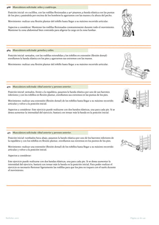 468 Musculatura solicitada: sóleo y cuádriceps.
Posición inicial: en cuclillos, con las rodillas flexionadas a 90º pisamos ¡a banda elástica con las puntas
de los pies y pasándola por encima de los hombros la agarramos con las manos a la altura del pecho.
Movimiento: realizar una flexión plantar del tobillo hasta llegar a su máximo recorrido articular.
Aspectos a considerar: Mantener las rodillas flexionadas constantemente durante todo el movimiento.
Mantener la zona abdominal bien contraída para aligerar la cargo en la zona lumbar.
469 Musculatura solicitada: gemelos y sóleo.
Posición inicial: sentados, con las rodillas extendidas y los tobillos en extensión (flexión dorsal)
enrollamos la banda elástica en los pies y agarrarnos sus extremos con las manos.
Movimiento: realizar una flexión plantar del tobillo hasta llegar a su máximo recorrido articular.
470 Musculatura solicitada: tibial anterior y peroneo anterior.
Posición inicial: sentados, frente a la espaldera, pasamos la banda elástica por uno de sus barrotes
inferiores y con los tobillos en flexión plantar, enrollamos sus extremos en las puntas de los pies.
Movimiento: realizar una extensión (flexión dorsal) de los tobillos hasta llegar a su máximo recorrido
articular y volver a la posición inicial.
Aspectos a considerar: Este ejercicio puede realizarse con dos bandos elásticas, una para cada pie. Si se
desea aumentar la intensidad del ejercicio, bastará con tensar más la banda en la posición inicial.
471 Musculatura solicitada: tibial anterior y peroneo anterior.
Posición inicial: tumbados boca abajo, pasamos la bando elástica por uno de los barrotes inferiores de
la espaldera y con los tobillos en flexión plantar, enrollamos sus extremos en los puntos de los pies.
Movimiento: realizar una extensión (flexión dorsal) de los tobillos hasta llegar a su máximo recorrido
articular y volver a la posición inicial.
Aspectos a considerar:
Este ejercicio puede realizarse con dos bandas elásticas, una para cada pie. Si se desea aumentar la
intensidad del ejercicio, bastará con tensar más la banda en la posición inicial, Para poder realizar el
ejercicio es necesario flexionar ligeramente las rodillas para que los pies no toquen con el suelo durante
el movimiento.
Página 30 de 140Barbolax 2007
 