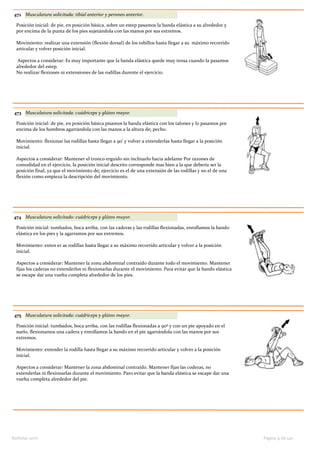472 Musculatura solicitada: tibial anterior y peroneo anterior.
Posición inicial: de pie, en posición básica, sobre un estep pasamos la banda elástica a su alrededor y
por encima de la punta de los pies sujetándola con las manos por sus extremos.
Movimiento: realizar una extensión (flexión dorsal) de los tobillos hasta llegar a su máximo recorrido
articular y volver posición inicial.
Aspectos a considerar: Es muy importante que la banda elástica quede muy tensa cuando la pasamos
alrededor del estep.
No realizar flexiones ni extensiones de las rodillas durente el ejercicio.
473 Musculatura solicitada: cuádriceps y glúteo mayor.
Posición inicial: de pie, en posición básica pisamos la banda elástica con los talones y lo pasamos por
encima de los hombros agarrándola con las manos a la altura de¡ pecho.
Movimiento: flexionar las rodillas hasta llegar a 90' y volver a extenderlas hasta llegar a la posición
inicial.
Aspectos a considerar: Mantener el tronco erguido sin inclinarlo hacia adelante Por razones de
comodidad en el ejercicio, la posición inicial descrito corresponde mas bien a la que debería ser la
posición final, ya que el movimiento de¡ ejercicio es el de una extensión de las rodillas y no el de una
flexión como empieza la descripción del movimiento.
474 Musculatura solicitado: cuádriceps y glúteo muyor.
Posición inicial: tumbados, boca arriba, con las caderas y las rodillas flexionadas, enrollamos la bando
elástica en los pies y la agarramos por sus extremos.
Movimiento: exten er as rodillas hasta llegar a su máximo recorrido articular y volver a la posición
inicial.
Aspectos a considerar: Mantener la zonu abdominal contraído durante todo el movimiento. Mantener
fijas los caderas no extenderlos ni flexionarlas durante el movimiento. Para evitar que la bando elástica
se escape dar una vuelta completa alrededor de los pies.
475 Musculatura solicitada: cuádriceps y glúteo mayor.
Posición inicial: tumbados, boca arriba, con las rodillas flexionadas a 90º y con un pie apoyado en el
suelo, flexionamos una cadera y enrollamos la bando en el pie agarrándola con las manos por sus
extremos.
Movimiento: extender la rodilla hasta llegar a su máximo recorrido articular y volver a la posición
inicial.
Aspectos a considerar: Mantener la zona abdominal contraído. Mantener fijas las coderas, no
extenderlas ni flexionarlas durante el movimiento. Paro evitar que la banda elástica se escape dar una
vuelta completa alrededor del pie.
Página 31 de 140Barbolax 2007
 