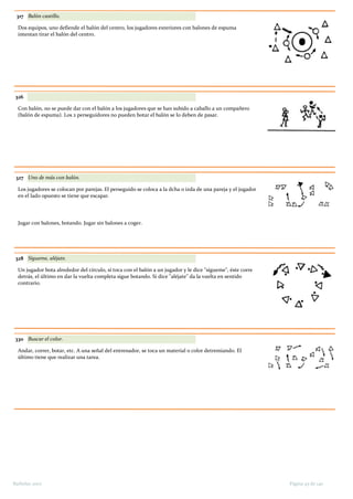 317 Balón castillo.
Dos equipos, uno defiende el balón del centro, los jugadores exteriores con balones de espuma
intentan tirar el balón del centro.
326
Con balón, no se puede dar con el balón a los jugadores que se han subido a caballo a un compañero
(balón de espuma). Los 2 perseguidores no pueden botar el balón se lo deben de pasar.
327 Uno de más con balón.
Los jugadores se colocan por parejas. El perseguido se coloca a la dcha o izda de una pareja y el jugador
en el lado opuesto se tiene que escapar.
Jugar con balones, botando. Jugar sin balones a coger.
328 Sígueme, aléjate.
Un jugador bota alrededor del círculo, si toca con el balón a un jugador y le dice "sígueme", éste corre
detrás, el último en dar la vuelta completa sigue botando. Si dice "aléjate" da la vuelta en sentido
contrario.
330 Buscar el color.
Andar, correr, botar, etc. A una señal del entrenador, se toca un material o color detremiando. El
último tiene que realizar una tarea.
Página 45 de 140Barbolax 2007
 