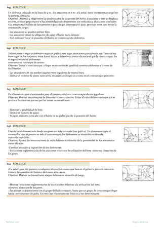 655 REPLIEGUE
Un defensor colocado en la línea de 9 m., dos atacantes en 6 m.: a la señal, éstos intentan marcar gol en
la portería contraria.
Objetivo: Observar y elegir entre las posibilidades de desposeer del balón al atacante si este se desplaza
en bote, realizar golpe franco si las posibilidades de desposesión son reducidas y el atacante con balón
va a atener opción clara de lanzamiento o pase de gol, interceptar cl pase, provocar error para evitar la
consecución de gol.
- Los atacantes no pueden utilizar bote.
- Los atacantes tienen la obligación de pasar el balón hacia delante.
- Si el defensor “toca” al poseedor del balón se considera éxito defensivo.
656 REPLIEGUE
Delimitamos el espacio defensivo según el gráfico para jugar situaciones parciales de 2x2. Tanto si hay
error o gol de los atacantes, éstos hacen balance defensivo y tratan de evitar el gol de contraataque. En
el segundo caso los defensores
contraatacan tras saque de centro.
Objetivo: Evitar el contraataque, o llegar en situación de igualdad numérica defensiva a la zona de
finalización.
- Las situaciones de 2x2 pueden jugarse entre jugadores de misma línea.
- Limitar el número de pases, tanto en la situación de ataque 2x2 como en el contraataque posterior.
657 REPLIEGUE
En el momento que el entrenador pasa al portero, salida en contraataque de tres jugadores.
Objetivo: Mejorar los conceptos de disuasión e interceptación. Evitar el éxito del contraataque y si se
produce finalización que sea por las zonas menos eficaces.
- Eliminar la posibilidad de bote.
- Limitar el número de pases.
- Si algún atacante es tocado con el balón en su poder, pierde la posesión del balón.
658 REPLIEGUE
Uno de los defensores sale desde una posición más retrasada (ver gráfico). En el momento que el
entrenador pasa al portero se sale al contraataque; los defensores en situación escalonada,
tratan de impedirlo.
Objetivo: Ajustar las intervenciones de cada defensor en función de la proximidad de los atacantes a
zonas eficaces.
-Cambiar situación y la posición de los defensores.
- Variaciones reglamentarias de los atacantes relativas a la utilización del bote, número y dirección de
los pases.
659 REPLIEGUE
A la señal, pase del portero a cualquiera de sus defensores que buscan el gol en la portería contraria,
frente a la oposición del balance defensivo adversario.
Objetivo: Mejorar las transiciones ataque-defensa en situación de juego.
- Mismas variaciones reglamentarias de los atacantes relativas a la utilización del bote,
número y dirección de los pases.
- Encadenar las transiciones con el grupo del lado contrario, hasta que un grupo de tres consigue llegar
hasta cierto número de goles. En este caso el componente físico va a ser determinante.
Página 66 de 140Barbolax 2007
 