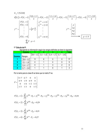 E X n = {1,2,3,4}
                       0.8  1.1                  1.1  1.4                 1.4  1.7                  1.7  2.0 
EX 1   PX 1  1              PX 1  2               PX 1  3               PX 1  4            
                           2                          2                         2                          2     
         PX 1  1              f1  1 / 15 
                                       (0)

         PX  2                (0)          
             1                   f 2  2 / 15                                     p
                                                                                 2 p 
f 
 (1)
              
              
                     = P
                           (1) T
                                       
                                                                           f  
                                                                              (0)
                                                                                     4 p 
                                             
                                                                                  
                                                                                   8 p 
                                 (0)          
         PX 1  4
                                 f 4  8 / 15 
                                                                                                    p  1/ 5
                         3

                        2
                        i 0
                               i
                                    p 1


1° Cálculo de P:
       Agrupando la información según los rangos definidos se tiene lo siguiente:
             Estados        1            2           3           4        Total
                        0,8  1,1 1,1  1,4 1,4  1,7 1,7  2,0
Estados Rangos
    1       0,8  1,1     11           6           0           0         17
    2       1,1  1,4     4            1           4           0          9
    3      1,4  1,7      0            1           3           2          6
    4      1,7  2,0      1            1           0           1          3

Por lo tanto para la clase B se tiene que la matriz P es:

  11 / 7      6/7 0        0 
   4/9        1/ 9 4 / 9   0 
P                             
   0          1 / 6 1 / 2 1 / 3
                               
   1/ 3       1/ 3    0 1 / 3


                4
PX 1  1   f i (0)  Pi1  f1(0)  P  f 2 (0)  P21  f 3(0)  P31  f 4 (0)  P41  0,34
                                        11
               i 1
                 4
PX 1  2   fi (0)  Pi 2  0,29
                i 1

                    4
PX 1  3   fi (0)  Pi3  0,19
                i 1
                    4
PX 1  4   fi ( 0)  Pi 5  0,27
                i 1




                                                                                                   11
 
