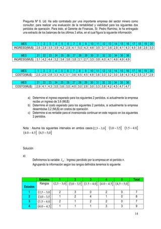 Pregunta Nº 6. Ud. Ha sido contratado por una importante empresa del sector minero como
     consultor, para realizar una evaluación de la rentabilidad y viabilidad para los siguientes dos
     periódos de operación. Para ésto, el Gerente de Finanzas, Sr. Pedro Ramírez, le ha entregado
     una extracto de los balances de los últimos 3 años, en el cual figura la siguiente información:


    MES       1 2 3 4 5 6 7 8 9 10 11 12 13 14 15 16 17 18 19 20
INGRESO(MU$) 2,6 2,8 3,5 3,9 4,2 2,9 4,1 5,0 4,3 4,6 3,5 3,1 3,6 2,8 4,1 4,3 4,5 3,6 2,6 3,0

    MES      21 22 23 24 25 26 27 28 29 30 31 32 33 34 35 36
INGRESO(MU$) 3,1 4,2 4,4 3,2 3,4 3,6 3,8 3,1 2,7 3,5 3,8 4,0 4,1 4,6 4,9 4,9


   MES            1 2 3 4 5 6 7 8 9 10 11 12 13 14 15 16 17 18 19 20
COSTO(MU$)       2,5 2,5 2,8 3,3 4,3 3,1 3,6 4,5 4,5 4,8 3,6 3,0 3,2 3,0 3,8 4,3 4,2 3,5 2,7 2,9

   MES           21 22 23 24 25 26 27 28 29 30 31 32 33 34 35 36
COSTO(MU$)       2,9 4,1 4,3 3,5 3,6 3,0 4,0 3,0 2,6 3,0 3,3 3,8 4,2 4,5 4,7 4,7


          a) Determine el ingreso esperado para los siguientes 2 periódos, si actualmente la empresa
             recibe un ingreso de 3,6 (MU$)
          b) Determine el costo esperado para los siguientes 2 periódos, si actualmente la empresa
             desembolsa 3,2 (MU$) en costos de operación.
          c) Determine si es rentable para el inversionista continuar en este negocio en los siguientes
             2 periódos.


     Nota : Asuma los siguientes intervalos en ambos casos 2,5  3,0          3,0  3,5 3.5  4.0
     4.0  4.5 4,5  5,0


     Solución

     a)
              Definiremos la variable I n : Ingreso percibido por la empresa en el periódo n.
              Agrupando la información según los rangos definidos tenemos lo siguiente:



                   Estados          1            2             3            4            5         Total
                   Rangos       2,5  3,0 3,0  3,5 3.5  4.0 4.0  4.5 4,5  5,0
      Estados
          1       2,5  3,0       2            3             0            2            0           7
          2       3,0  3,5       1            2             4            1            0           8
          3       3.5  4.0       2            1             2            2            0           7
          4       4.0  4.5       1            1             1            3            3           9

                                                                                                    14
 