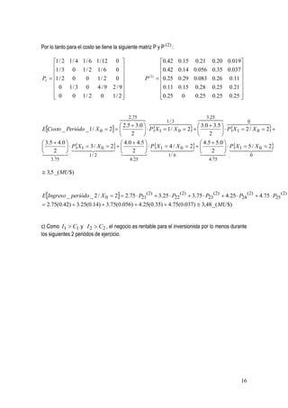 Por lo tanto para el costo se tiene la siguiente matriz P y P ( 2) :

     1 / 2 1 / 4 1 / 6 1 / 12 0                               0.42     0.15   0.210.20 0.019
     1 / 3 0 1 / 2 1 / 6       0                              0.42     0.14 0.056 0.35 0.037 
                                                                                             
PI  1 / 2 0       0 1/ 2      0                   P ( 2)    0.25     0.29 0.083 0.26 0.11 
                                                                                             
      0 1/ 3 0         4 / 9 2 / 9                             0.11    0.15 0.28 0.25 0.21 
      0
             0 1/ 2       0   1/ 2 
                                                               0.25
                                                                          0    0.25 0.25 0.25 


                                   .75 
                                       2 
                                                                         .25 
                                                                              3 
                                                                               
                                                    1 / 3
                                                                                             0
                                                                                                    
                                    2.5  3.0                            3.0  3.5 
ECosto _ Periódo _ 1 / X 0  2               PX 1  1 / X 0  2               PX 1  2 / X 0  2 
                                        2                                    2     
 3.5  4.0                     4.0  4.5                     4.5  5.0 
               PX 1  X   2
               3 / 0                  PX 1  X   2
                                               4 / 0                PX 1  5 / X 0 
                                                                                                 2
 2                           2                        2      
                     1/ 2                                  
                                                                   1/ 6                              0
    3.75                                     4.25                                       4.75

 3,5 _(MU $)



EIngreso _ periódo _ 2 / X 0  2  2.75  P21(2)  3.25  P22 (2)  3.75  P23(2)  4.25  P24 (2)  4.75  P25 (2)
 2.75(0.42)  3.25(0.14)  3.75(0.056)  4.25(0.35)  4.75(0.037)  3,48 _( MU $)


c) Como I1  C1 y I 2  C2 , el negocio es rentable para el inversionista por lo menos durante
los siguientes 2 periódos de ejercicio.




                                                                                                16
 
