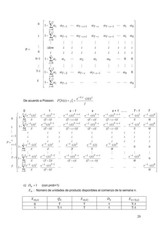  T 1                                                                                                                       
                                  1    i
                                 0                              T 1   T  s 1                      T  s        T  s 1  1  0 
                                   i 0                                                                                   
                                   T 1                                                                                   
                              1 1    i                      T 1               T  s 1  T  s  T  s 1  1  0 
                                   i 0                                                                                   
                                                                                                                
                                                                                                                          
                                idem                           i           i          i         i        i      i  i  i 
                    P=
                              S         i                       i           i          i         i        i      i  i  i 
                                       s                                                                                 
                                  1                                                                                  0
                                    i                         s                    2       1        0       0
                            S+1
                                                                                                                           
                                   i 0                                                                                   
                                                                                                               
                                      T 2
                            T-1 1                                                                                        
                                       i                T  2                    T  s  T  s 1           0 0 
                                      i 0                                                                                
                                      T 1
                             T 1                                                                                         
                                    i                        T 1                                           0 
                                   i 0
                                                                                                                          
                                                                                                                           


                                                                                    e  t  (t ) j
                De acuerdo a Poisson:                     PN (t )  j 
                                                                                            j

                0                              1                           s -1                         s                         s + 1 .......                T-1                   T
         T 1 e  ( ) i           e   
                                             ( ) T 1
                                                                 e   
                                                                         ( )   T  s 1
                                                                                               e   
                                                                                                       ( )T s
                                                                                                                     e   
                                                                                                                            ( )     T  s 1
                                                                                                                                                      e   
                                                                                                                                                                ( )   1
                                                                                                                                                                            e   
                                                                                                                                                                                   ( ) 0 
   0     1                                                                                                                                                                            
            i 0
                      i!                  (T  1)!                    (T  s  1)!                  (T  s )!            (T  s  1)!                          1!                 0!       
         T 1 e  ( ) i            e  ( ) T 1             e   ( ) T  s 1          e    ( ) T  s    e   ( ) T  s 1             e    (  )1          
                                                                                                                                                                            e  ( )    0
   1     1                                                                                                                                   
            i 0
                      i!                 (T  1)!                   (T  s  1)!                   (T  s )!            (T  s  1)!                        1!                    0!       
                i                         i              i              i                             i                    i                   i           i                    i        
                                                                                                                                                                                          
   s 1          i                           i            i                  i                        i                     i                   i             i                  i        
   s                                                                                                                                                                                      
P               i                           i            i                  i                        i                     i                   i             i                  i        
   s 1      s                                                                                                   
                 e  ( ) i            e  ( ) s                     e  ( ) 2                  e  ( )               e  ( ) 0                                                        
        1                                                                                                                                                 0                  0        
                     i!                     s!                              2!                       1!                     0!
         i 0                                                                                                                                                                             
                                                                                                                                                                                
         T  2 e    ( ) i
   T 1 1                           e    ( ) T  2              e    ( ) T  s       e   ( ) T  s 1                                 e    ( ) 0                          
                                                                                                                                                                             0        
         i 0        i!                 (T  2)!                        (T  s )!               (T  s  1)!                                            0!                                
            T 1 
                e  ( ) i          e   ( ) T 1                                                                                                                       e    ( ) 0 
   T 1 
             i!
         i 0                          (T  1)!
                                                                                                                                                          
                                                                                                                                                                                  0!
                                                                                                                                                                                           
                                                                                                                                                                                           
                                                                                                                                                                                          




                c) Dn  1             (con prob=1)
                     X n : Número de unidades de producto disponibles al comienzo de la semana n.

                         X n(a )                          Qn                                X n(d )                       Dn                          X n 1(a)
                           0                               T                                  T                               1                           T-1
                           1                              T-1                                 T                               1                           T-1

                                                                                                                                                                   20
 
