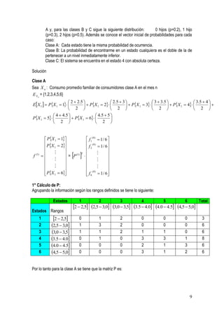 A y, para las clases B y C sigue la siguiente distribución:        0 hijos (p=0.2), 1 hijo
          (p=0.3), 2 hijos (p=0.5). Además se conoce el vector inicial de probabilidades para cada
          caso:
          Clase A: Cada estado tiene la misma probabilidad de ocurrencia.
          Clase B: La probabilidad de encontrarme en un estado cualquiera es el doble de la de
          pertenecer a un nivel inmediatamente inferior.
          Clase C: El sistema se encuentra en el estado 4 con absoluta certeza.

Solución

Clase A
Sea X n : Consumo promedio familiar de consumidores clase A en el mes n
E X n = {1,2,3,4,5,6}
                       2  2.5                 2.5  3                 3  3.5                 3.5  4 
EX 1   PX 1  1            PX 1  2            PX 1  3            PX 1  4          
                       2                       2                       2                       2 
             4  4.5                 4.5  5 
PX 1  5            PX 1  6          
             2                       2 


          PX 1  1                 f1(0)  1 / 6 
          PX  2                   (0)           
              1                      f 2  1 / 6
                                                   
f (1)   
               
               
                      = P  
                           (1)   T
                                     
                                              
                                                      
                                                  
                                                 
                                     (0)           
          PX 1  6
                                     f 6  1 / 6
                                                     

1° Cálculo de P:
Agrupando la información según los rangos definidos se tiene lo siguiente:

               Estados         1               2               3             4             5             6      Total
                           2  2,5      2,5  3,0     3,0  3,5   3.5  4.0   4.0  4.5   4,5  5,0
Estados Rangos
    1         2  2,5       0                1              2             0             0             0        3
    2        2,5  3,0      1                3              2             0             0             0        6
    3        3,0  3,5      1                1              2             1             1             0        6
    4        3.5  4.0      0                1              0             3             3             1        8
    5        4.0  4.5      0                0              0             2             1             3        6
    6        4,5  5,0      0                0              0             3             1             2        6


Por lo tanto para la clase A se tiene que la matriz P es:




                                                                                                            9
 