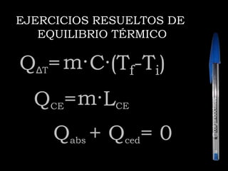 EJERCICIOS RESUELTOS DE
EQUILIBRIO TÉRMICO
QΔT= C·(Tf-Ti)m·
@colgandoclases
QCE= LCEm·
Qabs + Qced= 0
 
