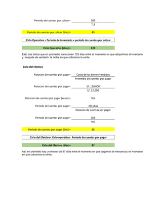 Periodo de cuentas por cobrar= 365
7.5
Periodo de cuentas por cobrar (dias)= 49
Ciclo Operativo = Periodo de inventario + periodo de cuentas por cobrar
Ciclo Operativo (dias) = 125
Esto nos indica que en promedio transcurren 125 días entre el momento en que adquirimos el inventario
y, después de venderlo, la fecha en que cobramos la venta.
Ciclo del Efectivo
Rotacion de cuentas por pagar= Costo de los bienes vendidos
Promedio de cuentas por pagar
Rotacion de cuentas por pagar= S/. 120,000
S/. 12,500
Rotacion de cuentas por pagar (veces)= 9.6
Periodo de cuentas por pagar= 365 dias
Rotacion de cuentas por pagar
Periodo de cuentas por pagar= 365
9.6
Periodo de cuentas por pagar (dias)= 38
Ciclo del Efectivo= Ciclo operativo - Periodo de cuentas por pagar
Ciclo del Efectivo (dias)= 87
Así, en promedio hay un retraso de 87 días entre el momento en que pagamos la mercancía y el momento
en que cobramos la venta.
 