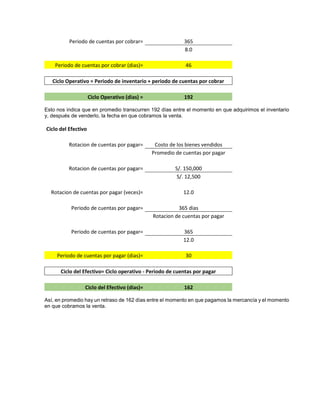 Periodo de cuentas por cobrar= 365
8.0
Periodo de cuentas por cobrar (dias)= 46
Ciclo Operativo = Periodo de inventario + periodo de cuentas por cobrar
Ciclo Operativo (dias) = 192
Esto nos indica que en promedio transcurren 192 días entre el momento en que adquirimos el inventario
y, después de venderlo, la fecha en que cobramos la venta.
Ciclo del Efectivo
Rotacion de cuentas por pagar= Costo de los bienes vendidos
Promedio de cuentas por pagar
Rotacion de cuentas por pagar= S/. 150,000
S/. 12,500
Rotacion de cuentas por pagar (veces)= 12.0
Periodo de cuentas por pagar= 365 dias
Rotacion de cuentas por pagar
Periodo de cuentas por pagar= 365
12.0
Periodo de cuentas por pagar (dias)= 30
Ciclo del Efectivo= Ciclo operativo - Periodo de cuentas por pagar
Ciclo del Efectivo (dias)= 162
Así, en promedio hay un retraso de 162 días entre el momento en que pagamos la mercancía y el momento
en que cobramos la venta.
 