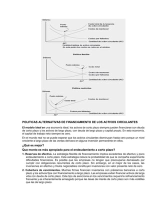 POLITICAS ALTERNATIVAS DE FINANCIAMIENTO DE LOS ACTIVOS CIRCULANTES
El modelo ideal en una economía ideal, los activos de corto plazo siempre pueden financiarse con deuda
de corto plazo y los activos de largo plazo, con deuda de largo plazo y capital propio. En esta economía,
el capital de trabajo neto siempre es cero.
En el mundo real no se puede esperar que los activos circulantes disminuyan hasta cero porque un nivel
creciente a largo plazo de las ventas derivara en alguna inversión permanente en ellos.
¿Qué es mejor?
Que monto es más apropiado para el endeudamiento a corto plazo?
1. Reservas de efectivo. La estrategia flexible de financiamiento implica excedentes de efectivo y poco
endeudamiento a corto plazo. Esta estrategia reduce la probabilidad de que la compañía experimente
dificultades financieras. Es posible que las empresas no tengan que preocuparse demasiado por
cumplir con obligaciones recurrentes de corto plazo. Sin embargo, en el mejor de los casos, las
inversiones en efectivo y títulos negociables constituyen inversiones con valor presente neto de cero.
2. Cobertura de vencimientos. Muchas firmas financian inventarios con préstamos bancarios a corto
plazo y los activos fijos con financiamiento a largo plazo. Las empresas evitan financiar activos de larga
vida con deuda de corto plazo. Este tipo de asincronia en los vencimientos requeriría refinanciamiento
frecuente y es inherentemente arriesgado porque las tasas de interés de corto plazo son más volátiles
que las de largo plazo.
 