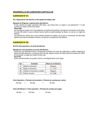 DESARROLLO DE EJERCICIOS CAPITULO 26
EJERCICIO N° 01:
26.1 Seguimiento del efectivo y del capital de trabajo neto
Ejemplo de Orígenes y aplicaciones del efectivo
Si las cuentas por pagar aumentan 200 soles, .que indica esto: un origen o una aplicación? .Y si las
cuentas por cobrar crecen 200 soles?
Desarrollo
Las cuentas por pagar son lo que debemos a nuestros proveedores. Se trata de una deuda a corto plazo.
Si sube 200 soles, lo que en efecto hemos hecho es pedir prestado el dinero, lo cual es un origen de
efectivo.
Las cuentas por cobrar son lo que nuestros clientes nos deben, por lo que un incremento de 200 soles
significa que hemos prestado el dinero; se trata de una aplicación del efectivo.
EJERCICIO N° 02:
26.2 El ciclo operativo y el ciclo del efectivo
Ejemplo de ciclo operativo y el ciclo del efectivo
Cierto día, que llamaremos Día 0, compramos inventario con valor de 2 000 soles a crédito. Pagamos la
factura 40 días después y, al cabo de otros 40 días, alguien compra los 2000 soles de inventario en 2500.
El comprador no paga sino hasta 45 días más.
Desarrollo
Estos acontecimientos se pueden resumir cronológicamente como sigue:
Día Actividad Efecto en el efectivo
0 Adquirir inventario Ninguno
40 Pagar el inventario S/. -2,000
80 Vender el inventario a crédito Ninguno
125 Cobrar la venta S/. 2,500
Ciclo Operativo = Periodo de Inventario + Periodo de cuentas por cobrar
125 días = 80 días + 45 días
Ciclo del Efectivo = Ciclo operativo - Periodo de cuentas por pagar
85 días = 125 días - 40 días
 