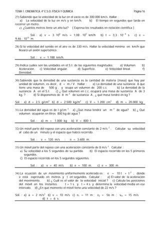 TEMA 1. CINEMATICA. 4º E.S.O. FÍSICA Y QUÍMICA Página 16
27) Sabiendo que la velocidad de la luz en el vacío es de 300.000 km/s. Hallar :
a) La velocidad de la luz en m/s y en km/h. b) El tiempo en segundos que tarda en
recorrer un metro.
c) ¿Cuántos metros tiene un año luz? ( Expresa los resultados en notación científica )
Sol. : a) v = 3. 108
m/s = 1,08 . 109
km/h b) t = 3,3 . 10 9
s c) e =
9,46 . 1015
m.
28) Si la velocidad del sonido en el aire es de 330 m/s. Hallar la velocidad mínima en km/h que
llevará un avión supersónico.
Sol. : v = 1.188 km/h.
29) Indica cuáles son las unidades en el S.I. de las siguientes magnitudes: a) Volumen. b)
Aceleración. c) Velocidad angular. d) Superficie. e) Velocidad lineal. f)
Densidad.
30) Sabiendo que la densidad de una sustancia es la cantidad de materia (masa) que hay por
unidad de volumen, es decir, d = m / V. Hallar : a) La densidad de una sustancia A que
tiene una masa de 500 g . y ocupa un volumen de 200 c.c. b) La densidad de la
sustancia A en el S.I. c) ¿ Qué volumen en c.c. ocupará una masa de sustancia A de 3
kg. ? d) Si disponemos de 8 m 3
de sustancia A , ¿ qué masa tendrá en kg ?
Sol. : a) d = 2,5 g/cm3
b) d = 2.500 kg/m3
c) V = 1.200 cm3
d) m = 20.000 kg.
31) La densidad del agua es de l g/cm 3
. a) ¿Qué masa tendrá un m 3
de agua? b) ¿ Qué
volumen ocuparán en litros 800 kg de agua ?
Sol. : a) m = 1.000 kg b) V = 800 l.
32) Un móvil parte del reposo con una aceleración constante de 2 m/s 2
. Calcular su velocidad
al cabo de un minuto y el espacio que habrá recorrido.
Sol. : v = 120 m/s ; e = 3.600 m.
33) Un móvil parte del reposo con una aceleración constante de 8 m/s 2
. Calcular :
a) Su velocidad a los 5 segundos de su partida. b) El espacio recorrido en los 5 primeros
segundos.
c) El espacio recorrido en los 5 segundos siguientes.
Sol. : a) v = 40 m/s b) e = 100 m. c) e = 300 m.
34) La ecuación de un movimiento uniformemente acelerado es : e = 10 t + t 2
, donde
e está expresado en metros y t en segundos. Calcular : a) El valor de la aceleración
del movimiento. b) ¿ Cuál es el valor de la velocidad inicial ? c) Calcula las posiciones
del móvil en los instantes t = 1 s y t = 4 s y determina la velocidad media en ese
intervalo. d) ¿En qué momento el móvil tiene una velocidad de 22 m/s ?
Sol. : a) a = 2 m/s2
b) v = 10 m/s c) e1 = 11 m ; e2 = 56 m ; vm = 15 m/s
d) t = 6 s.
 