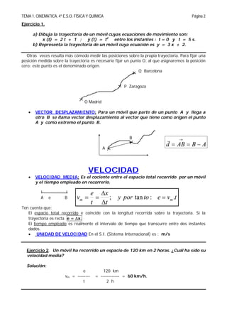 TEMA 1. CINEMATICA. 4º E.S.O. FÍSICA Y QUÍMICA Página 2
tvetopory
t
x
t
e
v mm .:tan; 



ABABd 

Ejercicio 1.
a) Dibuja la trayectoria de un móvil cuyas ecuaciones de movimiento son:
x (t) = 2 t + 1 ; y (t) = t2
entre los instantes : t = 0 y t = 5 s.
b) Representa la trayectoria de un móvil cuya ecuación es y = 3 x + 2.
Otras veces resulta más cómodo medir las posiciones sobre la propia trayectoria. Para fijar una
posición medida sobre la trayectoria es necesario fijar un punto O, al que asignaremos la posición
cero; este punto es el denominado origen.
Q Barcelona
P Zaragoza
O Madrid
 VECTOR DESPLAZAMIENTO: Para un móvil que parte de un punto A y llega a
otro B se llama vector desplazamiento al vector que tiene como origen el punto
A y como extremo el punto B.
B
A
VELOCIDAD
 VELOCIDAD MEDIA: Es el cociente entre el espacio total recorrido por un móvil
y el tiempo empleado en recorrerlo.
A e B
Ten cuenta que:
El espacio total recorrido e coincide con la longitud recorrida sobre la trayectoria. Si la
trayectoria es recta e = x.
El tiempo empleado es realmente el intervalo de tiempo que transcurre entre dos instantes
dados.
 UNIDAD DE VELOCIDAD En el S.I. (Sistema Internacional) es : m/s
Ejercicio 2. Un móvil ha recorrido un espacio de 120 km en 2 horas. ¿Cuál ha sido su
velocidad media?
Solución:
e 120 km
vm = -------- = ------------ = 60 km/h.
t 2 h
 