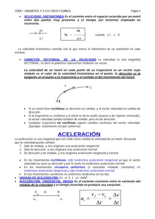 TEMA 1. CINEMATICA. 4º E.S.O. FÍSICA Y QUÍMICA Página 3
t
v
t
vv
a of
t






 VELOCIDAD INSTANTÁNEA Es el cociente entre el espacio recorrido por un móvil
entre dos puntos muy próximos y el tiempo (un instante) empleado en
recorrerlo.
x x
vi = ----------- cuando  t  0
 t  t
La velocidad instantánea coincide con la que marca el velocímetro de un automóvil en cada
instante.
 CARÁCTER VECTORIAL DE LA VELOCIDAD La velocidad es una magnitud
VECTORIAL, es decir la podemos representar mediante un vector.
La velocidad de un móvil en cada punto de su trayectoria es un vector cuyo
módulo es el valor de la velocidad instantánea en el punto; la dirección es la
tangente en el punto a la trayectoria y el sentido el del movimiento del móvil.
vB C
B
A
 Si un móvil tiene rectilínea su dirección no cambia, y el vector velocidad no cambia de
dirección.
 Si la trayectoria es rectilínea y el móvil se da la vuelta (avanza y de repente retrocede),
el vector velocidad cambia también de sentido, pero no de dirección.
 Cualquier trayectoria no rectilínea supone cambios continuos del vector velocidad.
(Ejemplo: movimiento circular uniforme)
ACELERACIÓN
La aceleración es una magnitud que nos mide cómo cambia la velocidad de un móvil. Recuerda
que la velocidad puede cambiar:
1. Sólo de módulo, y nos originará una aceleración tangencial
2. Sólo de dirección, y nos originará una aceleración normal
3. De dirección y de módulo, y nos originará aceleración tangencial y normal.
 En los movimientos rectilíneos, sólo tendremos aceleración tangencial ya que el vector
velocidad no varía su dirección y por lo tanto no tendremos aceleración normal.
 En los movimientos circulares uniformes (a velocidad –módulo- constante) no
tendremos aceleración tangencial y sólo tendremos aceleración normal.
 En los movimientos curvilíneos no uniformes tendremos de las dos.
 UNIDAD DE ACELERACIÓN: En el S. I. es: m/s2
.
 ACELERACIÓN TANGENCIAL MEDIA Es el cociente existente entre la variación del
módulo de la velocidad y el tiempo invertido en producir esa variación.
A t B
vO vF
 