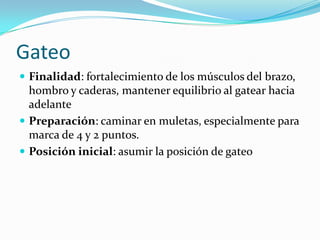 Gateo
 Finalidad: fortalecimiento de los músculos del brazo,
hombro y caderas, mantener equilibrio al gatear hacia
adelante
 Preparación: caminar en muletas, especialmente para
marca de 4 y 2 puntos.
 Posición inicial: asumir la posición de gateo
 