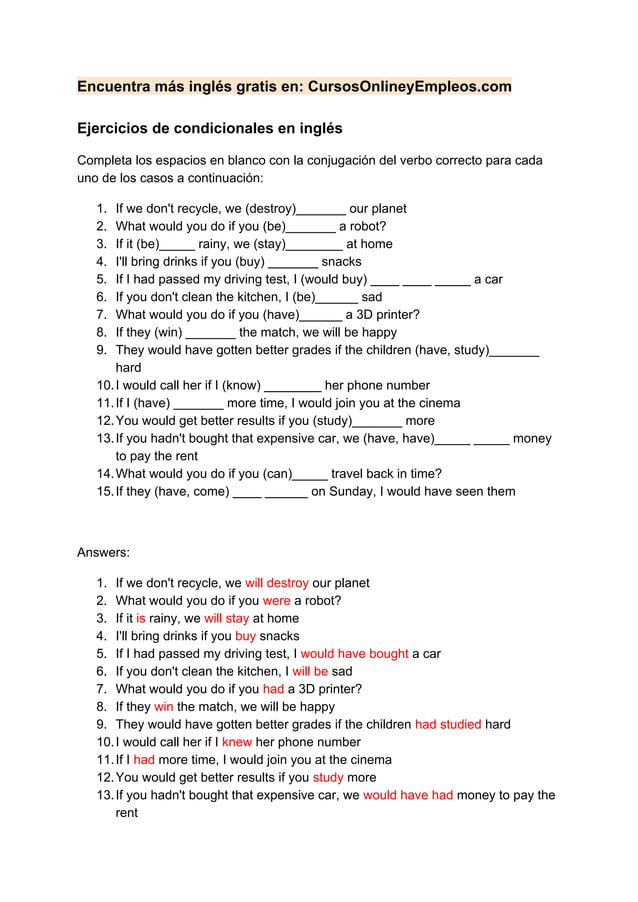 Primer Condicional En Ingles Ejercicios at Shawn Rooks blog