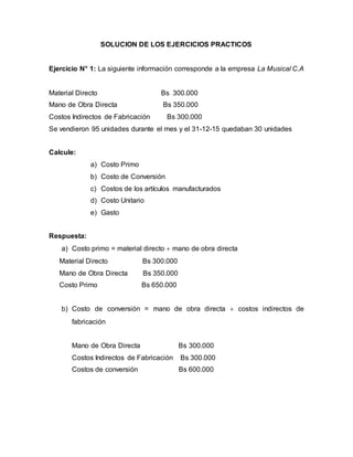 SOLUCION DE LOS EJERCICIOS PRACTICOS
Ejercicio N° 1: La siguiente información corresponde a la empresa La Musical C.A
Material Directo Bs 300.000
Mano de Obra Directa Bs 350.000
Costos Indirectos de Fabricación Bs 300.000
Se vendieron 95 unidades durante el mes y el 31-12-15 quedaban 30 unidades
Calcule:
a) Costo Primo
b) Costo de Conversión
c) Costos de los artículos manufacturados
d) Costo Unitario
e) Gasto
Respuesta:
a) Costo primo = material directo  mano de obra directa
Material Directo Bs 300.000
Mano de Obra Directa Bs 350.000
Costo Primo Bs 650.000
b) Costo de conversión = mano de obra directa  costos indirectos de
fabricación
Mano de Obra Directa Bs 300.000
Costos Indirectos de Fabricación Bs 300.000
Costos de conversión Bs 600.000
 