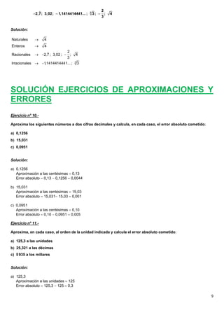                                           2
             2,7; 3,02;  1,1414414441... ;    3
                                                    3;        ;   4
                                                           3


Solución:

Naturales          4
Enteros            4
                              2
Racionales     2,7 ; 3,02 ;  ;       4
                               3
Irracionales  1,1414414441... ;       3
                                            3




SOLUCIÓN EJERCICIOS DE APROXIMACIONES Y
ERRORES
Ejercicio nº 10.-

Aproxima los siguientes números a dos cifras decimales y calcula, en cada caso, el error absoluto cometido

a 0,1256
b 15,031
c 0,0951


Solución:

a 0,1256
   Aproximación a las centésimas  0,13
   Error absoluto  0,13  0,1256  0,0044

b 15,031
   Aproximación a las centésimas  15,03
   Error absoluto  15,031 15,03  0,001

c 0,0951
   Aproximación a las centésimas  0,10
   Error absoluto  0,10  0,0951  0,005

Ejercicio nº 11.-

Aproxima, en cada caso, al orden de la unidad indicada y calcula el error absoluto cometido

a 125,3 a las unidades
b 25,321 a las décimas
c) 5 935 a los millares


Solución:

a 125,3
   Aproximación a las unidades  125
   Error absoluto  125,3  125  0,3

                                                                                                              9
 